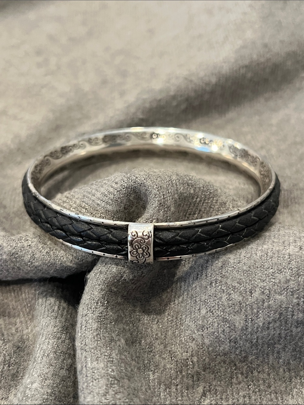 Brighton Black Braided Leather Talana Scroll Bangle